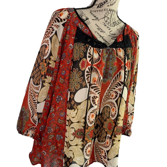 Anthropologie Fig and Flower Womens Size Large Boho Peasant Blouse Floral Sheer - Picture 2 of 12